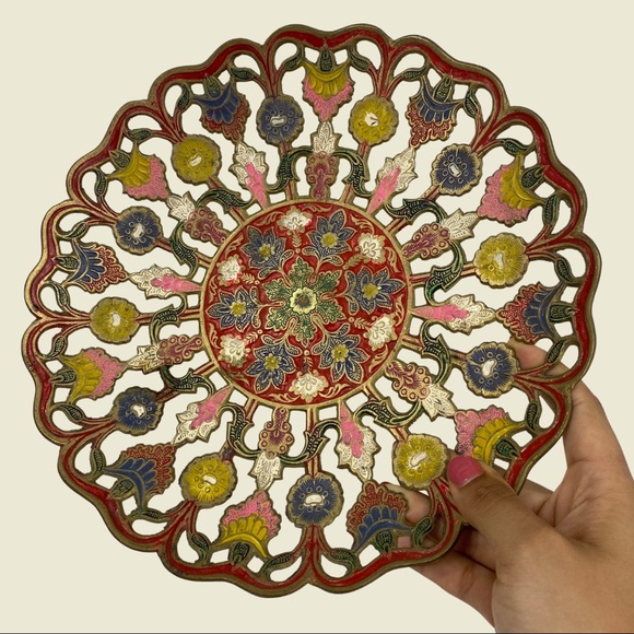 Vintage Other - Vintage Brass Painted Engraved Ornamental Decor Dish